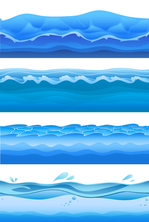 Blue sea water waves, seamless background set for game design. Vector illustration, isolated on white background.のイラスト素材