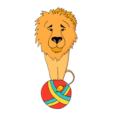 Yellow circus trained lion sitting on a ball. Vector illustration, isolated on white background.のイラスト素材