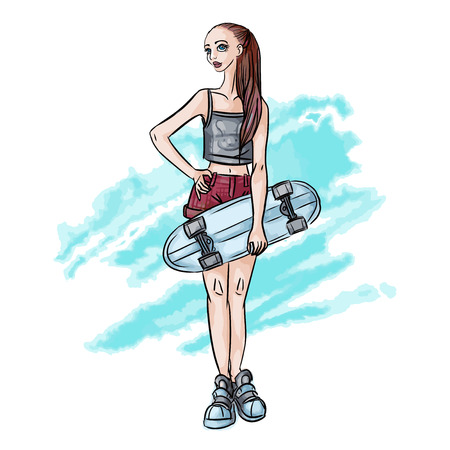 Cute young girl with skateboard and watercolor blot on the background. Urban extreme sports, active lifestyle. Vector illustration, isolated on white backgroud.のイラスト素材
