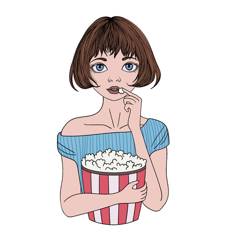 Cute girl with with a big Cup of popcorn. Young woman in cinema. Vector portrait illustration, isolated on white background.のイラスト素材