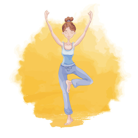 Young woman practicing yoga on a background of sunrise or sunset. Girl standing on one leg in tree pose on a yellow background of watercolor stain. Vector illustration, logo for yoga studio.のイラスト素材