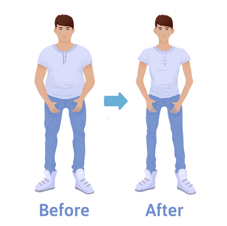 Young man before and after diet and fitness, Weight loss, Fat and thin man, body transformation, Vector illustration, isolated on white background.のイラスト素材