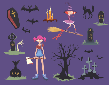 Halloween set. Girl with axe, black cat, witch on a broom, gravestones, candles and other Halloween symbols. Vector illustration.のイラスト素材