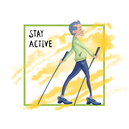 An elderly man practicing Nordic walking with sticksのイラスト素材