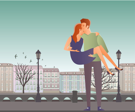 Young couple in love. Man and woman on a romantic date in the street of the old town. A man carries a woman on his hands. Vector illustration.のイラスト素材
