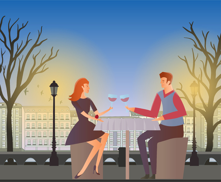 Young couple in love, romantic dinner outdoor. Young man and woman on a date in the street of the old town. Vector illustration.のイラスト素材
