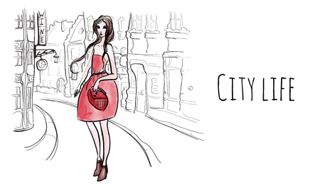 Woman in red outfit walking on the streets icon.のイラスト素材