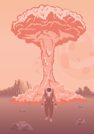 A nuclear explosion on Mars or another planet. Astronaut in the spacesuit on the background of the explosion. Space weapon testing. Vertical vector illustration.のイラスト素材