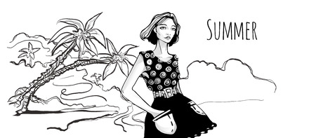 Young cute fashionable girl walking on tropical beach with palm trees. Vector hand-drawn sketch illustration, black and white.のイラスト素材