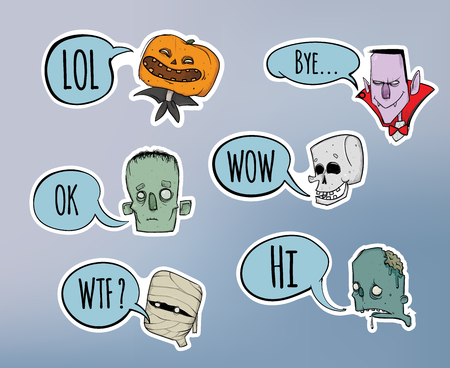 Halloween sticker pack. Zombie, skeleton, mummy, pumpkin and other scary characters with speech bubble. Vector illustration set.のイラスト素材