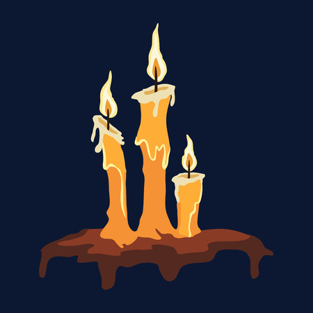 Three burning candles on a black background. Vector illustration, isolated.のイラスト素材