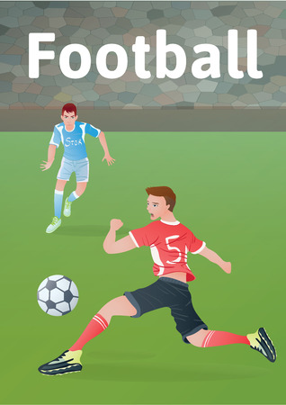Two football players at stadium fighting for the ball. Vector sport illustration.のイラスト素材