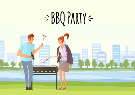People on picnic or Bbq party. Young Man and woman cooking steaks and sausages on grill. Vector illustration.のイラスト素材