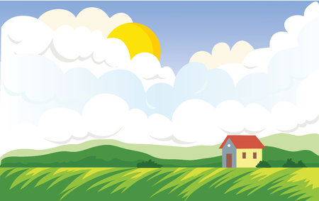 Agricultural landscape with farmers house. Green Field and cumulus clouds with the sun. Vector landscape illustration.のイラスト素材