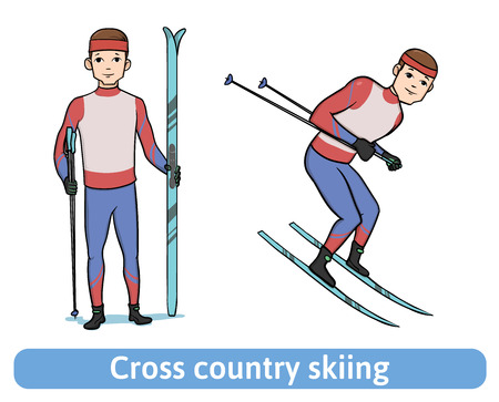A young man with ski. Skier standing and running. Cross country skiing, winter sport, active recreation. Vector Illustration, isolated on white background.のイラスト素材