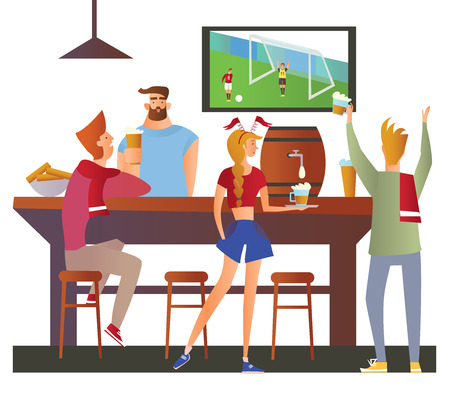 Beer bar Restaurant. Football fans cheering for the team in a bar. Football match, bar with bartender, alcohol drink. Flat vector illustration on white background. Cartoon character image.のイラスト素材