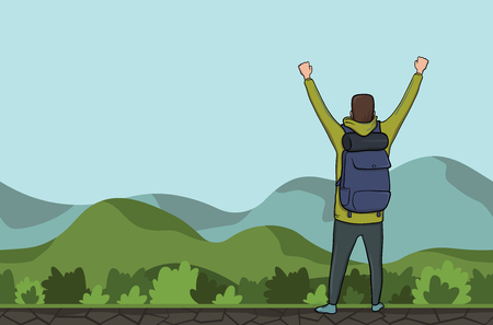 A young happy man, back view of backpacker with raised hands in a hilly area. Hiker, Explorer. A symbol of success. Vector Illustration with copy space.のイラスト素材