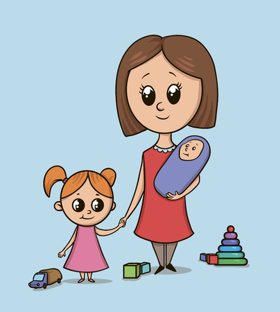 Woman with a girl and a baby on a playground among toys. Babysitter or mom with a toddler holds girl by the hand. Isolated vector illustration on blue background. Big eyes cartoon style characters.のイラスト素材