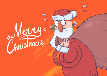 Christmas card with funny Santa Claus carrying big bag of presents. Santa Claus looks bewildered and agitated. Lettering on orange background. Cartoon character vector illustration.のイラスト素材