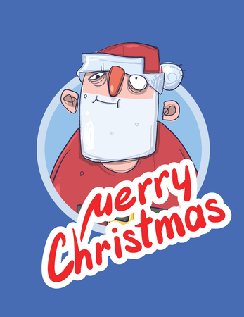 Christmas card with funny boozy Santa Claus. Santa Claus got wasted. Lettering on blue background. Round design element. Cartoon character vector illustration.のイラスト素材