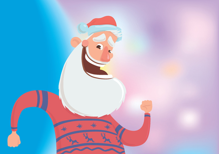 Happy smiling Santa Claus in red deer sweater dancing on bokeh background.のイラスト素材