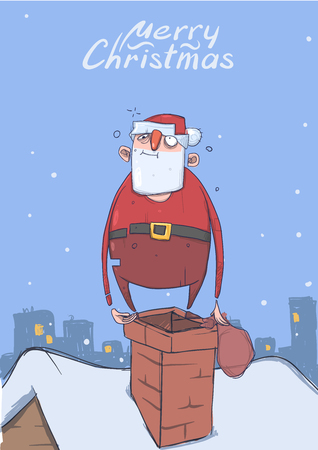 Christmas card of funny drunk Santa Claus with a bag on a chimney in snowy city. Happy Santa Claus got wasted. Vertical vector illustration. Cartoon character. Lettering. Copy space.のイラスト素材