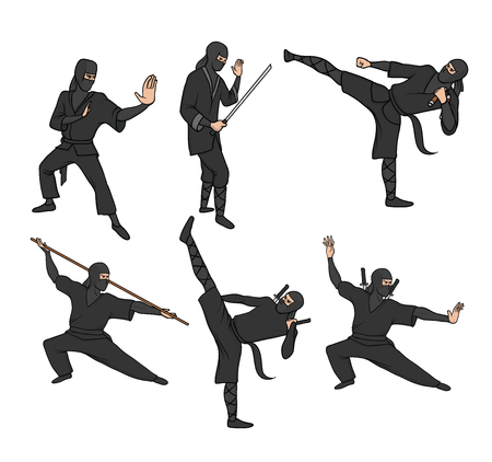 Set of japanese ninja warriors dressed in black with swords and other weapons. Vector illustration, isolated on white background.のイラスト素材