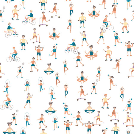 Active lifestyle, sports entertainment outdoors. Young people in city park. Seamless pattern, vector background illustration on white.のイラスト素材