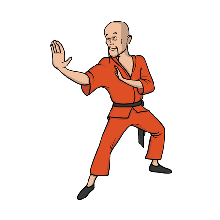 Shaolin monk practicing kung fu or wushu. Martial art. Vector illustration, isolated on white background.のイラスト素材