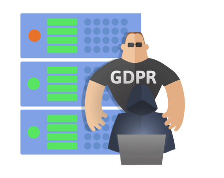 GDPR concept illustration. General Data Protection Regulation. The protection of personal data. Server, hacker and security guard. Vector, isolated on white background.のイラスト素材