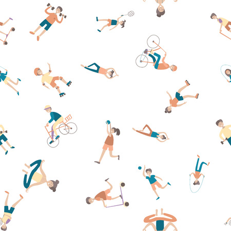 A Seamless pattern of young people in active lifestyle. Outdoor sports vector illustration on white.のイラスト素材