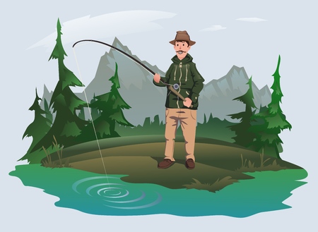 Fisherman with a fishing rod on the shore of a forest lake. Active outdoor recreation. Isolated vector illustration.のイラスト素材