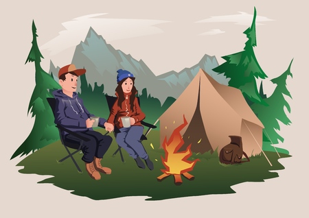 Young couple, man and woman sitting around the campfire in the forest. Mountain alpine landscape. Hiking, active outdoor recreation. Isolated vector illustration.のイラスト素材