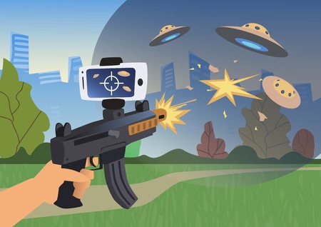Augmented reality games. Boy with AR gun playing a shooter. Game weapon with smartphone. Vector illustration.のイラスト素材