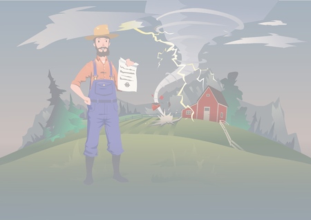 Farmers insurance concept, vector illustration. Tornado on the farm. A calm farmer standing and holding the insurance policy in his hand. Home and household hurricane insurance.のイラスト素材