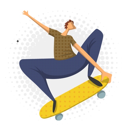 Man doing a jumping trick on skateboard, vector illustration in flat style, isolated on white background. Skateboarder.のイラスト素材