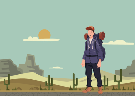 A young happy man, backpacker in the desert. Hiker, explorer. Vector illustration with copy space.のイラスト素材