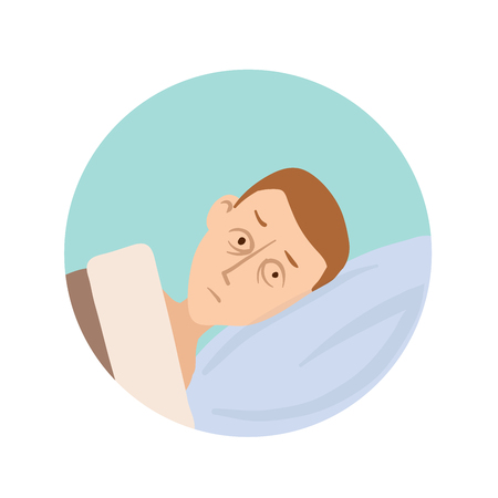 The young man lies in bed with his eyes open. Sleep disorders, insomnia round icon. Vector flat illustration, isolated on white background.のイラスト素材