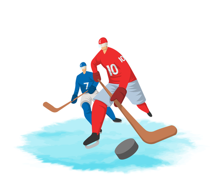 Two hockey players in abstract flat style. Vector illustration, isolated on white background.のイラスト素材