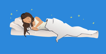 Young sleeping girl. Woman sleeping on white bed sheet and pillow. Vector Illustration, isolated on blue.のイラスト素材