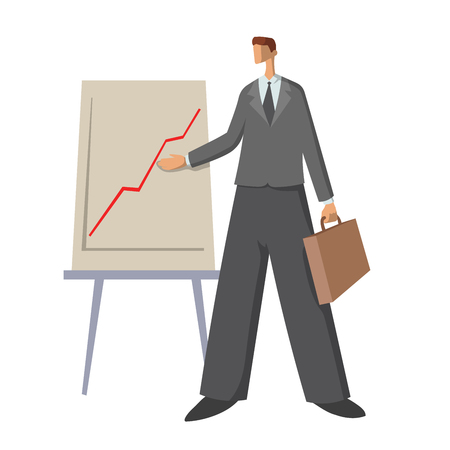 Businessman showing an upward chart. Young man at the presentation. Vector flat illustration, isolated on white background.のイラスト素材