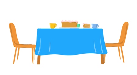 Festive table with cake and chairs. Vector illustration, isolated on white background.のイラスト素材