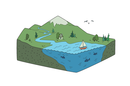 Rectangular earth slice with mountain landscape and ocean, vector illustration.のイラスト素材