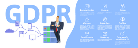 GDPR concept illustration. General Data Protection Regulation. The protection of personal data. Server and security guard. Vector, isolated on white background.のイラスト素材