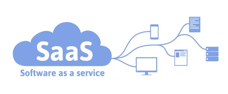 Concept of SaaS, software as a service. Cloud software on computers, mobile devices, codes, app server and database. Vector illustration in flat style, isolated on white background.のイラスト素材
