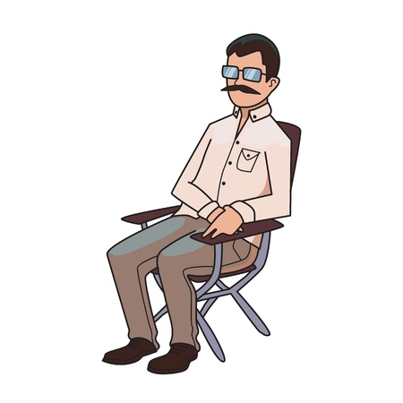 Mustachioed man sitting on a folding chair, the Director of the film. Vector illustration, isolated on white background.のイラスト素材