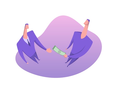 Businessmen, one person gives money to another, vector illustration, isolated on white background.のイラスト素材