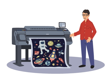 A man prints on a large-format plotter. Printing worker. Vector illustration, isolated on white background.のイラスト素材