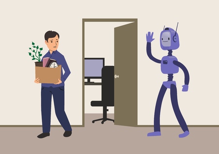 Office worker fired from his job replacement of jobs by robots with artificial intelligence. A man with a cardboard box leaves workplace. Unemployment concept vector illustration.のイラスト素材