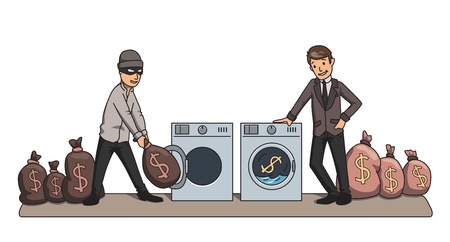 Money-laundering. The criminal and the businessman washing money in the machines. Concept vector illustration.のイラスト素材